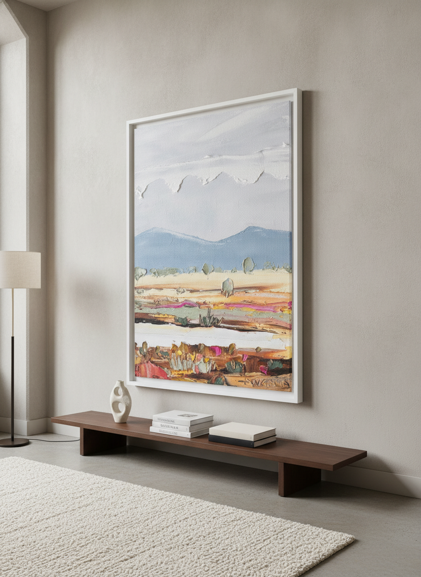 Monumental artwork centred on a feature wall in a luxe interior