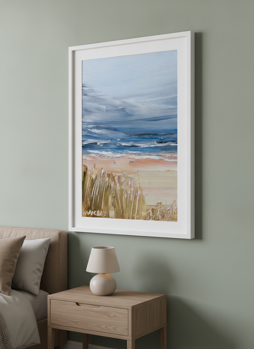 Minimalist artwork displayed in a calm, light-filled bedroom interior