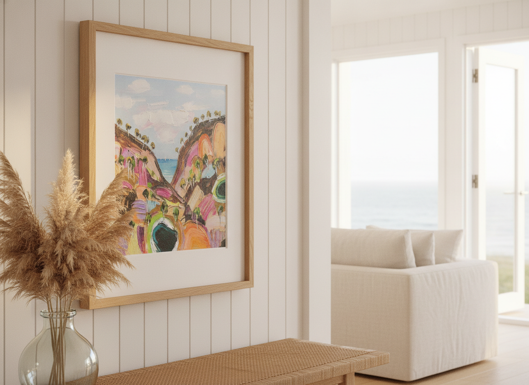 Neutral wall art displayed in a sunny coastal beach house