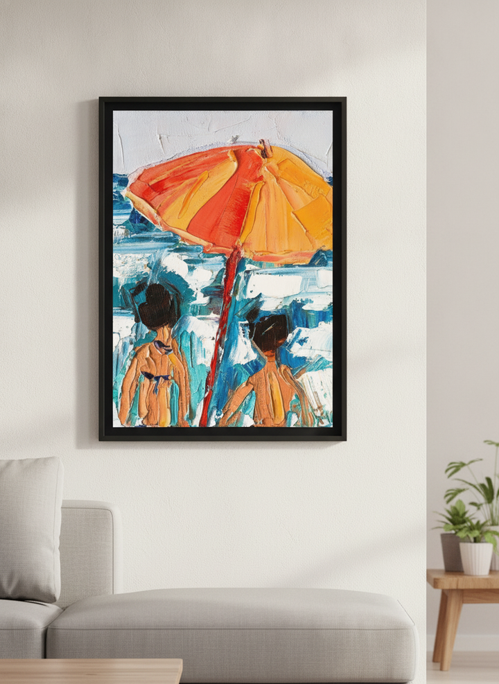 Modern wall art styled above a sofa in a neutral living room