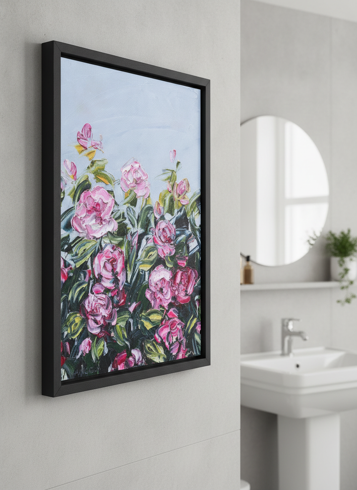 Modern print displayed in a clean minimalist bathroom setting