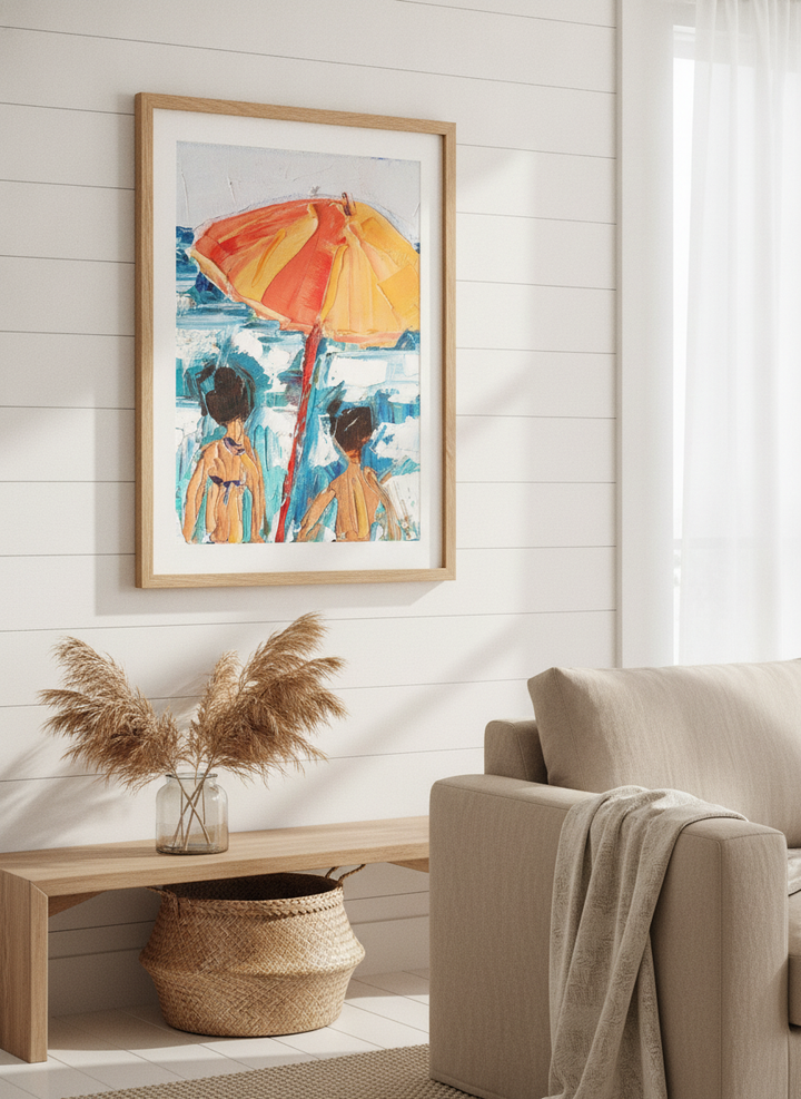 Neutral wall art displayed in a sunny coastal beach house
