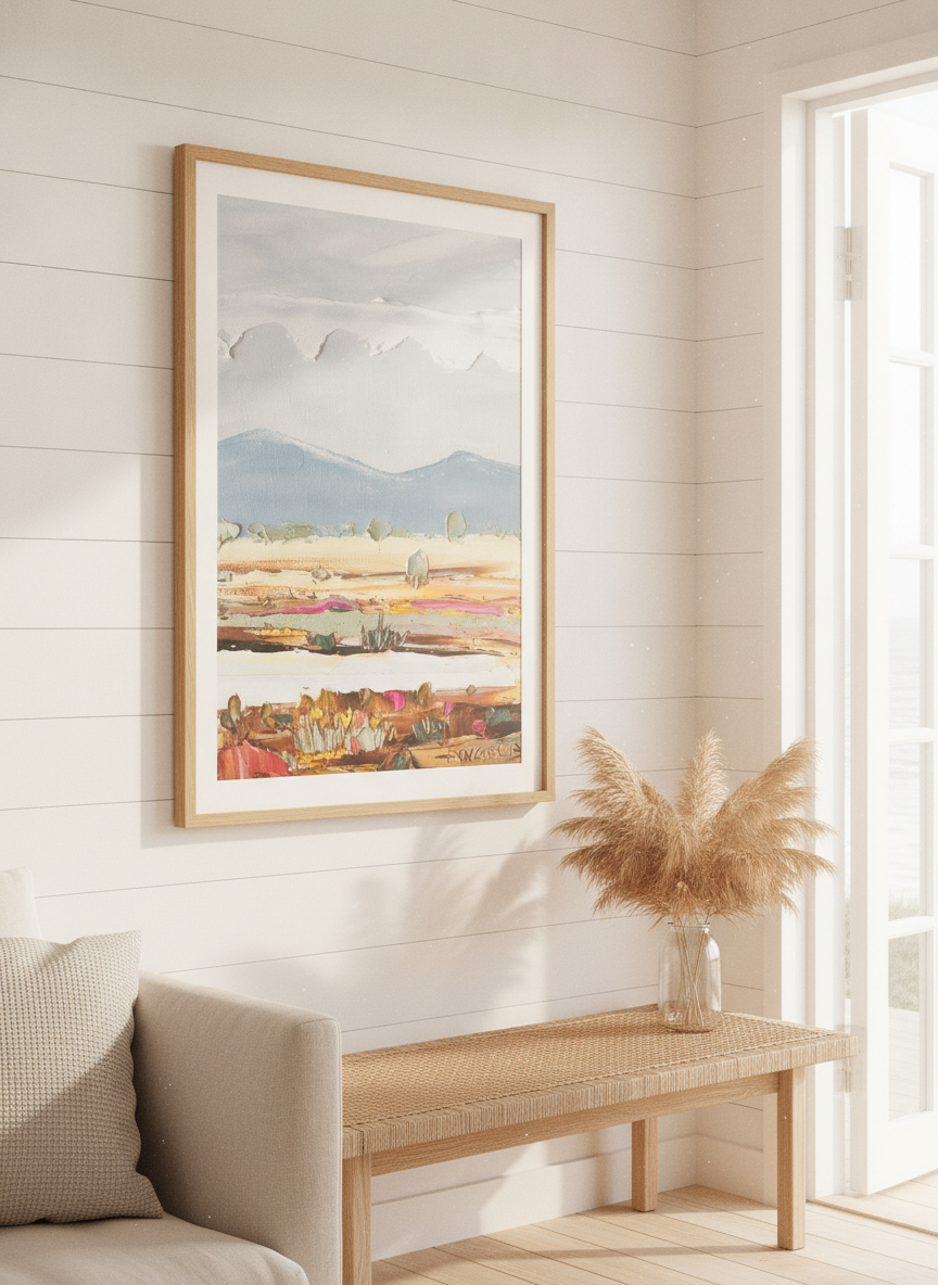 Neutral wall art displayed in a sunny coastal beach house