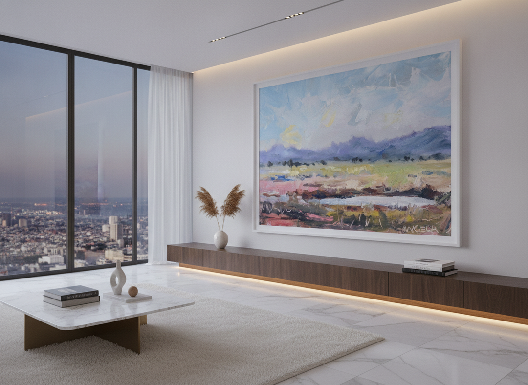 Monumental artwork centred on a feature wall in a luxe interior