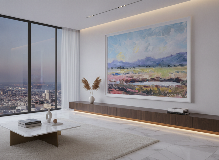 Monumental artwork centred on a feature wall in a luxe interior