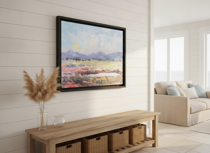 Neutral wall art displayed in a sunny coastal beach house