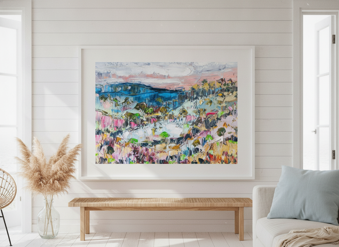 Neutral wall art displayed in a sunny coastal beach house