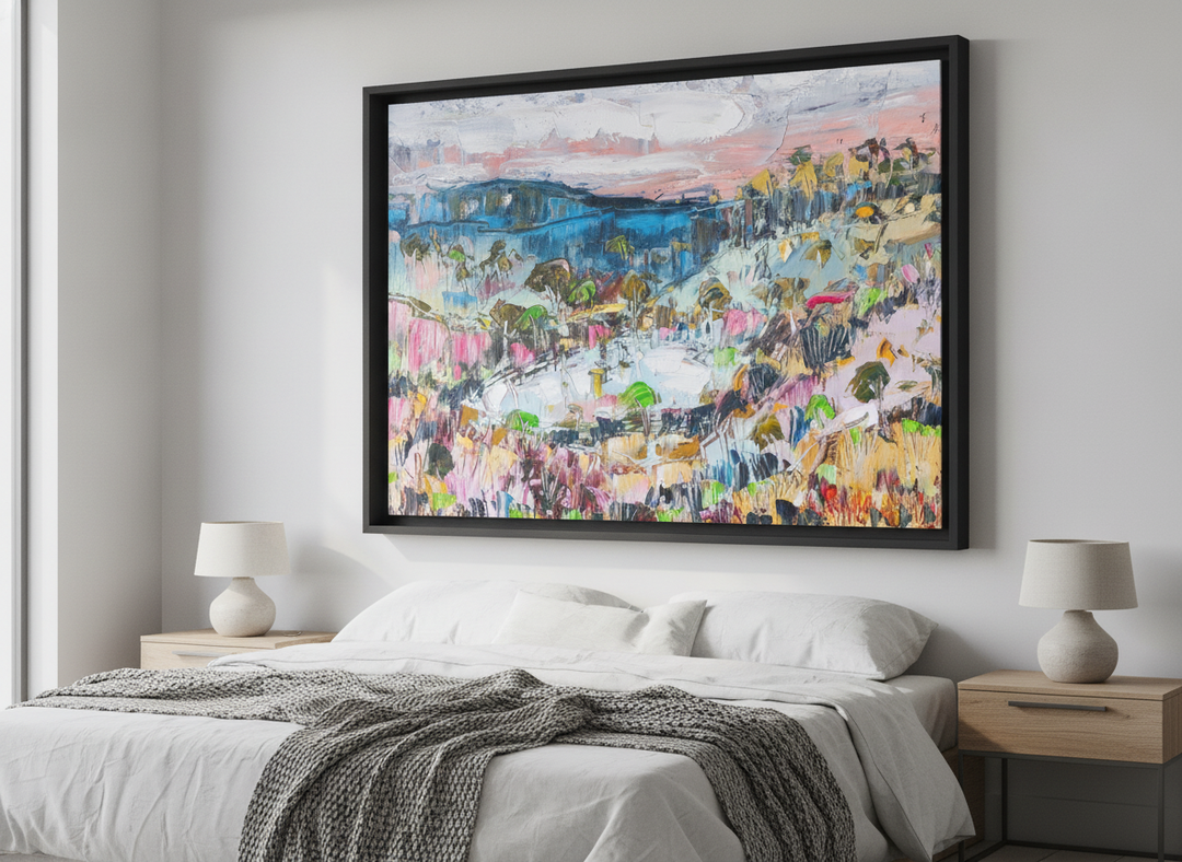 Minimalist artwork displayed in a calm, light-filled bedroom interior