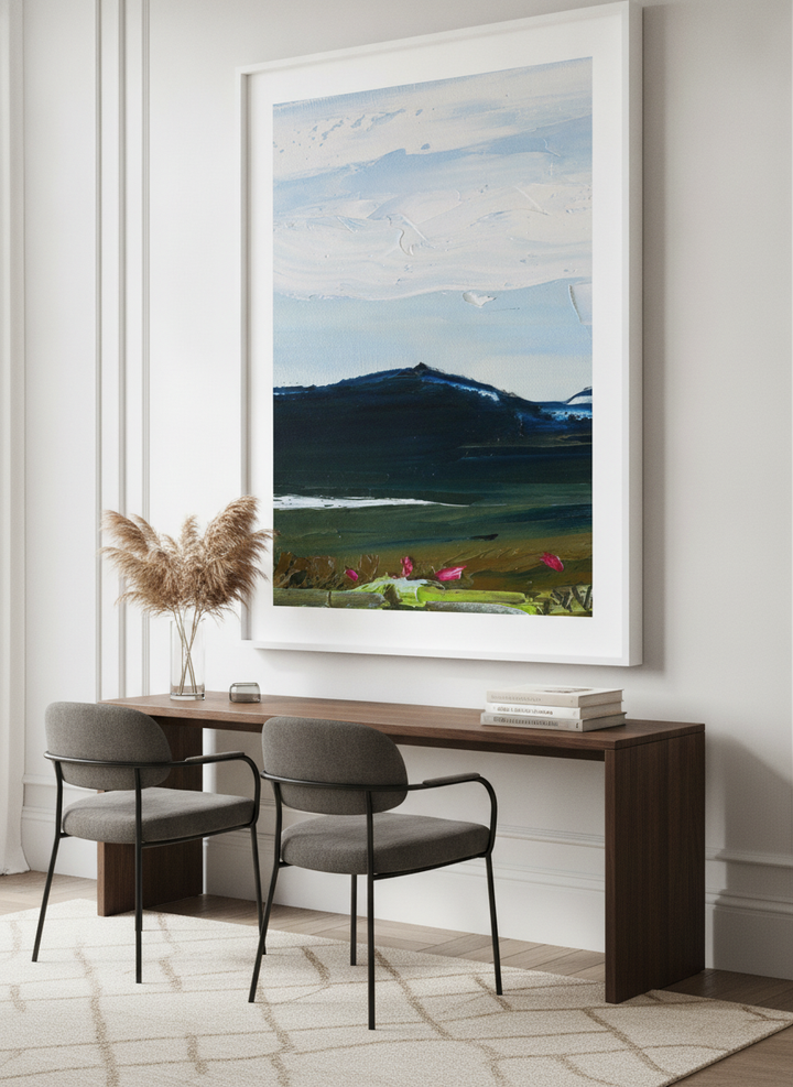 Monumental artwork centred on a feature wall in a luxe interior