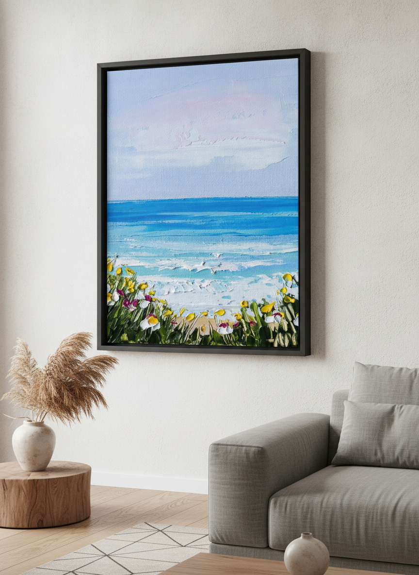 Modern wall art styled above a sofa in a neutral living room