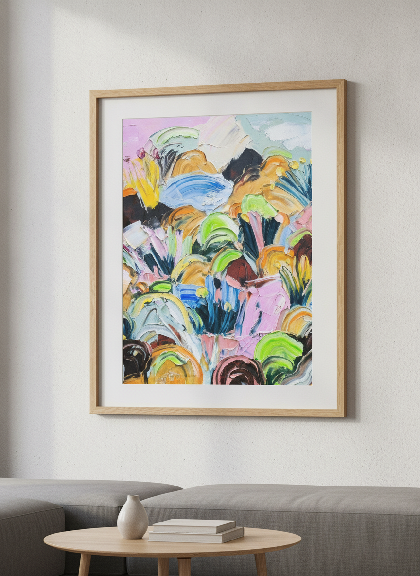 Modern wall art styled above a sofa in a neutral living room