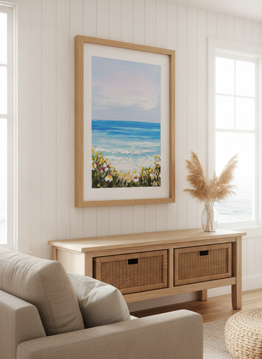 Neutral wall art displayed in a sunny coastal beach house