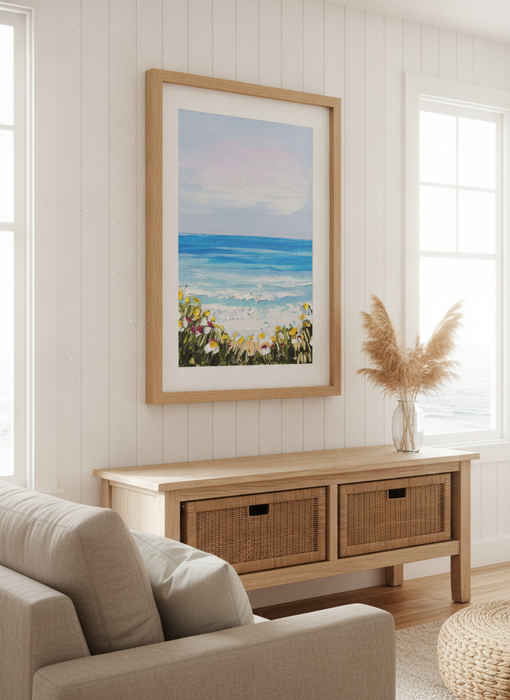 Neutral wall art displayed in a sunny coastal beach house