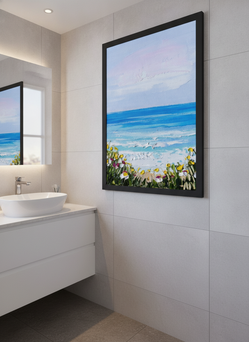 Modern print displayed in a clean minimalist bathroom setting