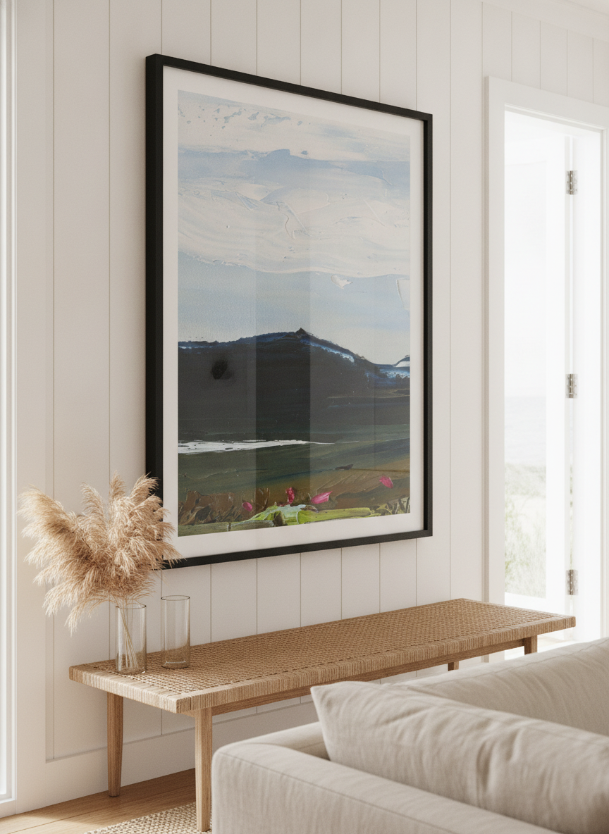 Neutral wall art displayed in a sunny coastal beach house