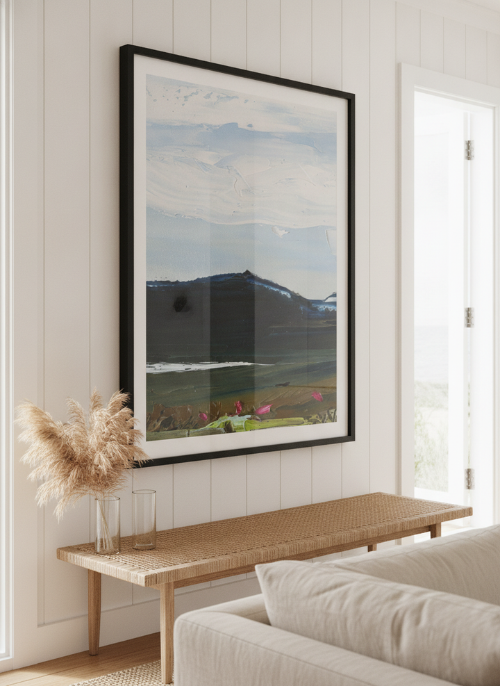 Neutral wall art displayed in a sunny coastal beach house