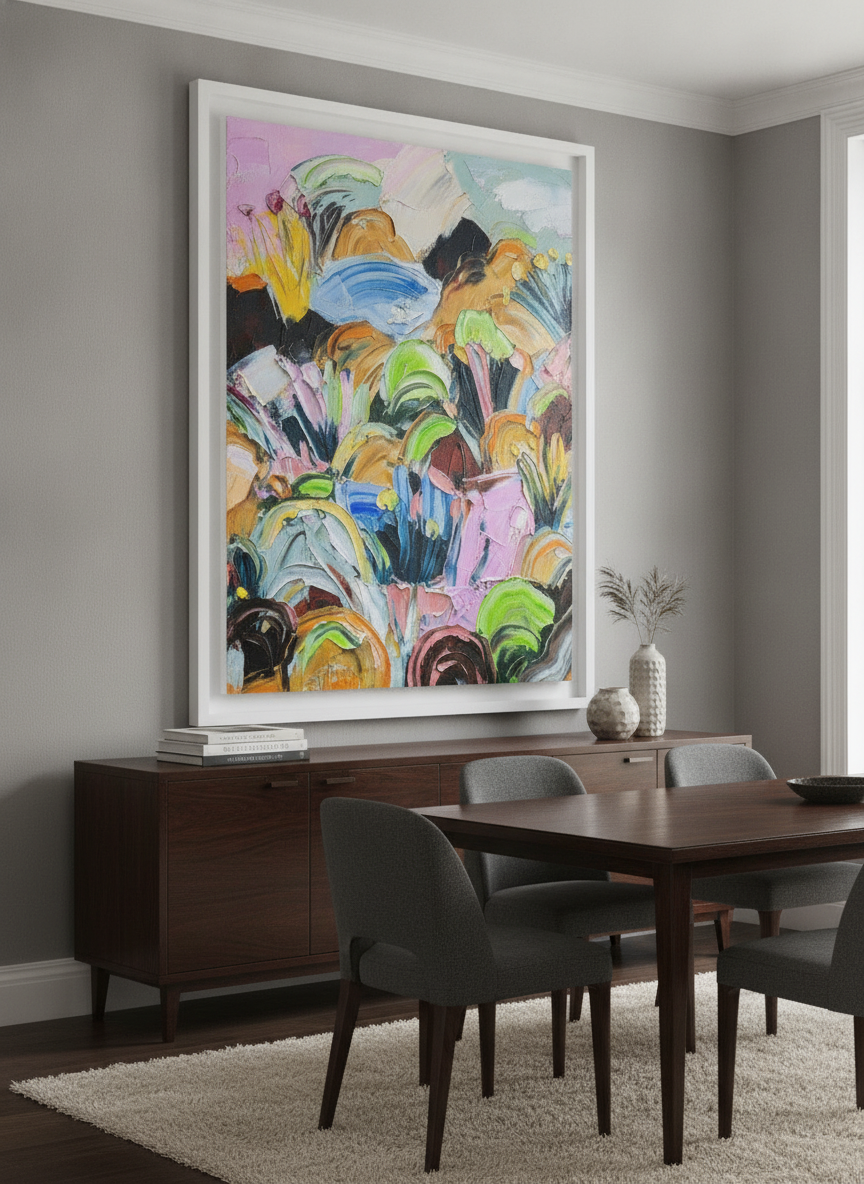 Monumental artwork centred on a feature wall in a luxe interior