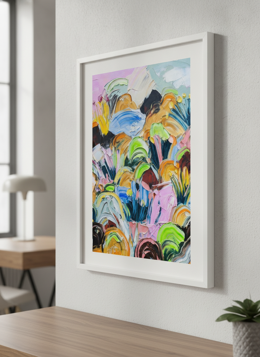 Contemporary wall art featured in a bright modern office workspace