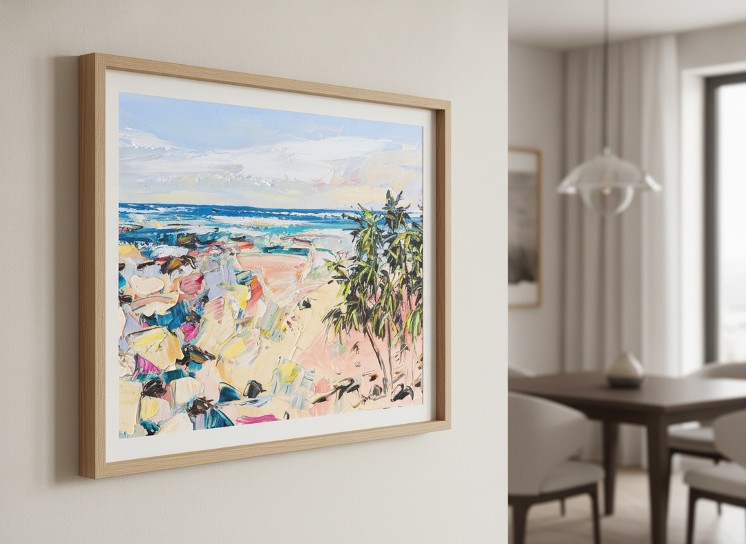 Wall art styled above a dining table in a contemporary home