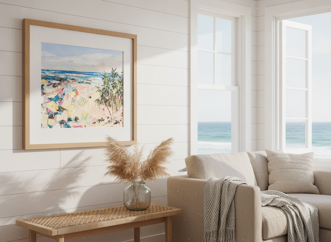 Neutral wall art displayed in a sunny coastal beach house