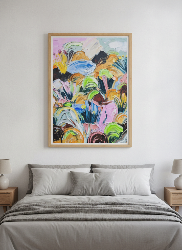 Minimalist artwork displayed in a calm, light-filled bedroom interior