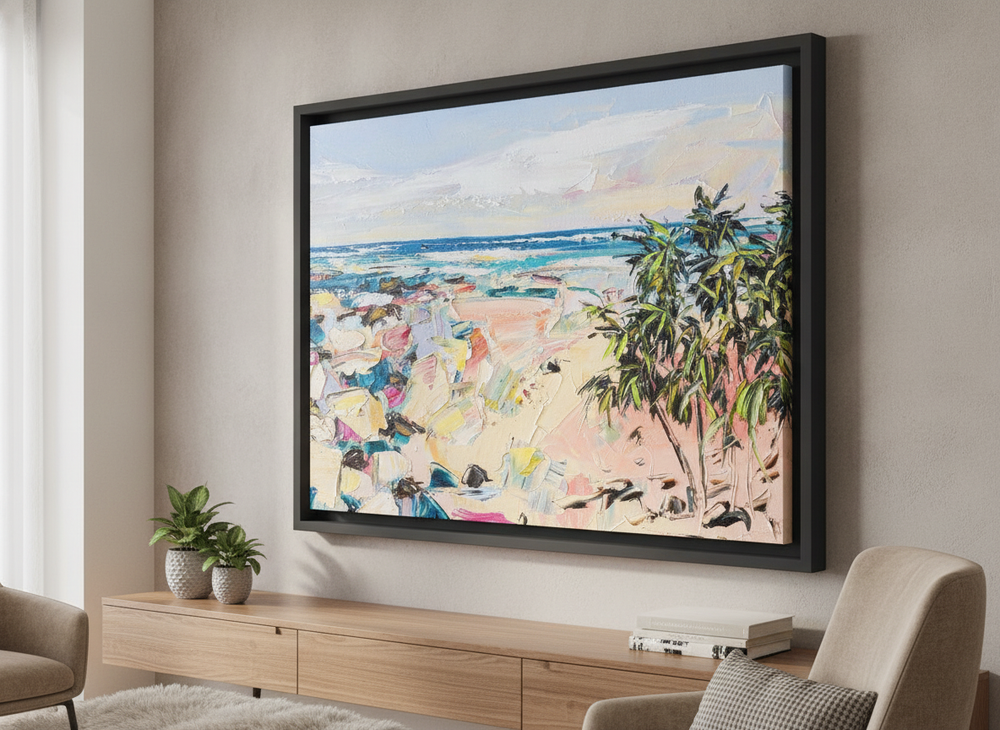 Modern wall art styled above a sofa in a neutral living room