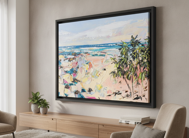 Modern wall art styled above a sofa in a neutral living room