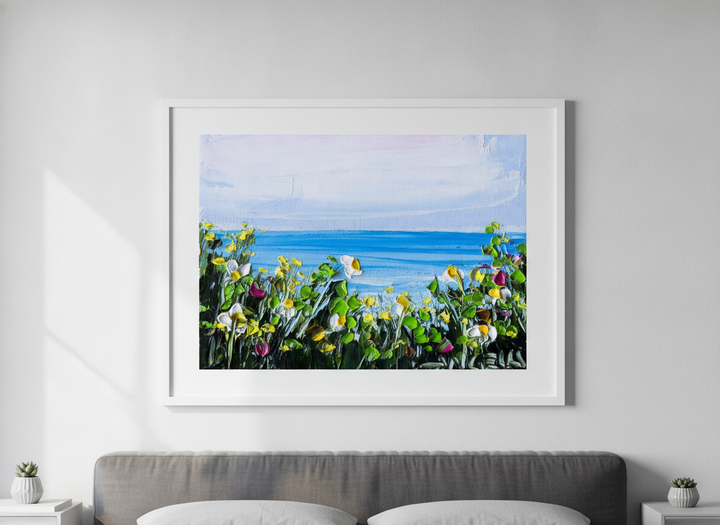 Minimalist artwork displayed in a calm, light-filled bedroom interior