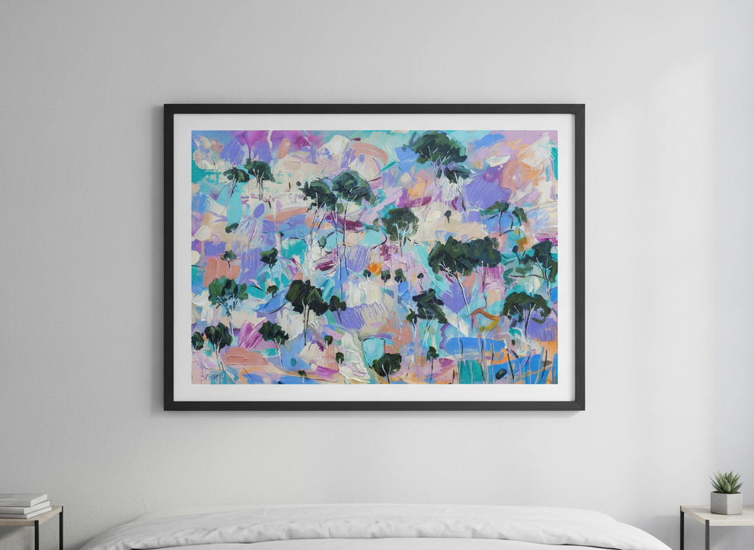 Minimalist artwork displayed in a calm, light-filled bedroom interior