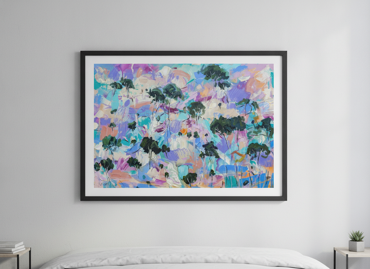Minimalist artwork displayed in a calm, light-filled bedroom interior