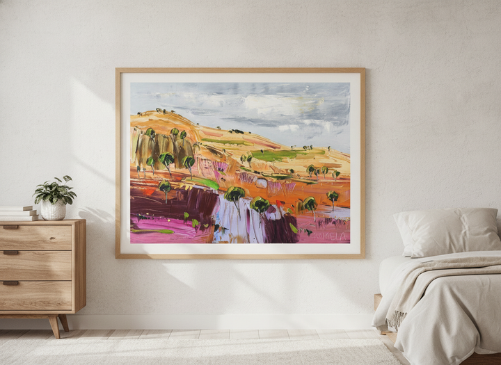Minimalist artwork displayed in a calm, light-filled bedroom interior