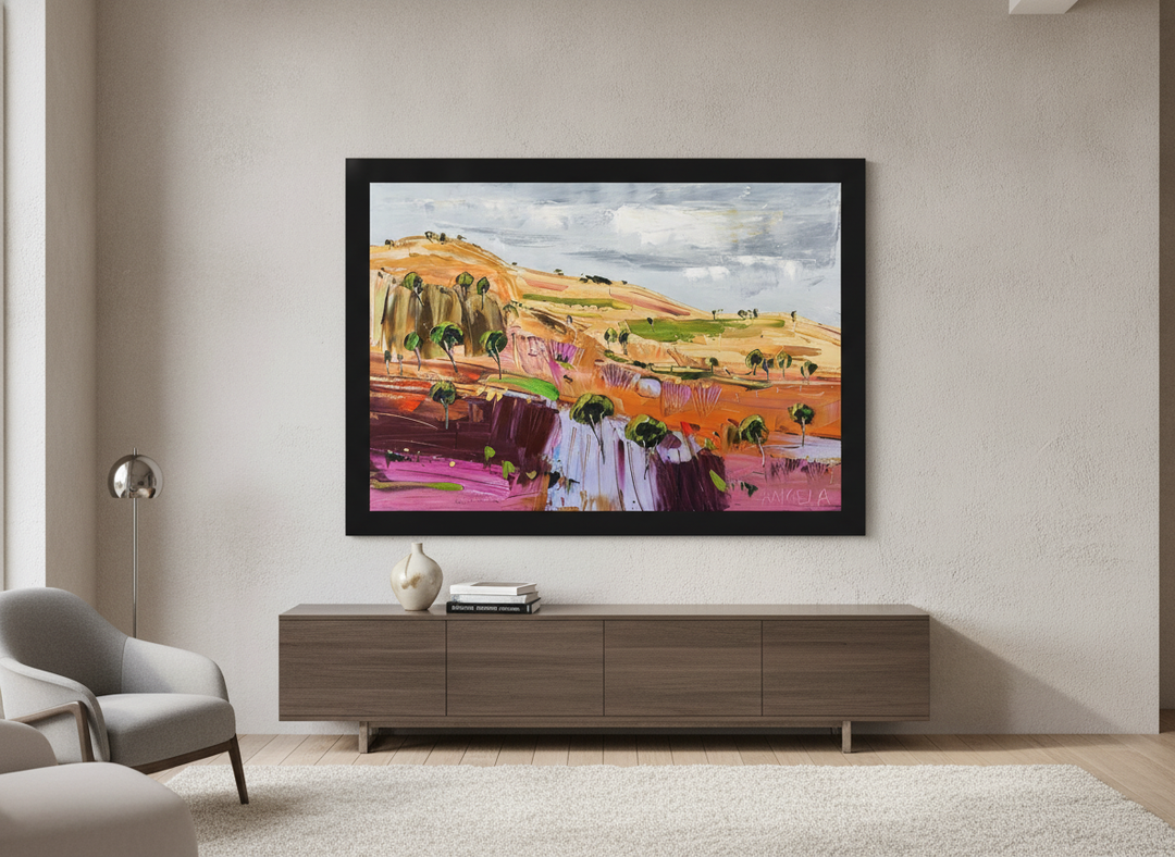 Monumental artwork centred on a feature wall in a luxe interior