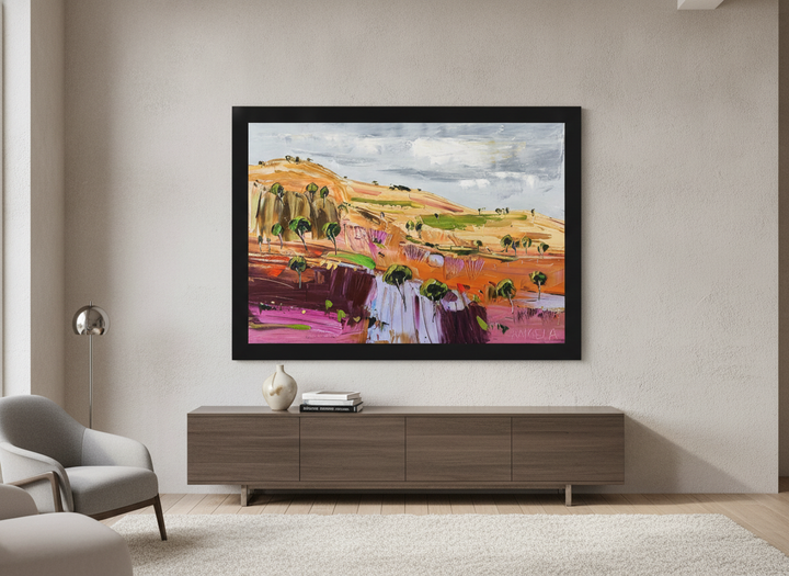Monumental artwork centred on a feature wall in a luxe interior