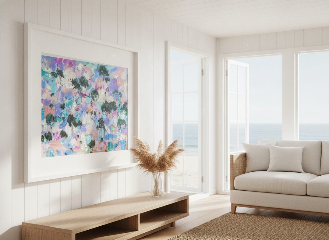 Neutral wall art displayed in a sunny coastal beach house