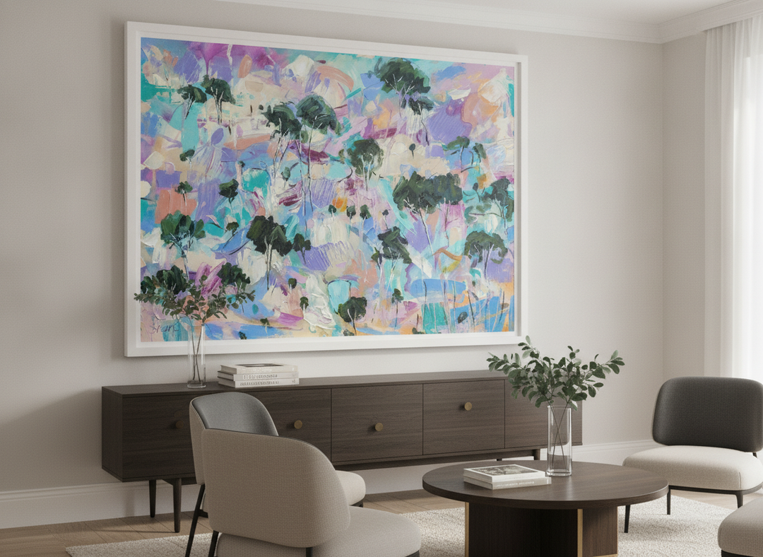 Monumental artwork centred on a feature wall in a luxe interior
