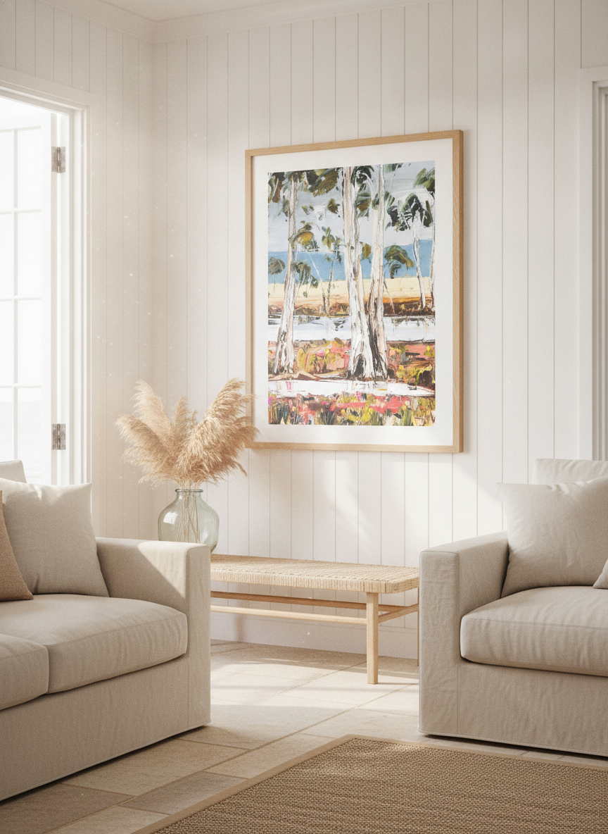 Neutral wall art displayed in a sunny coastal beach house