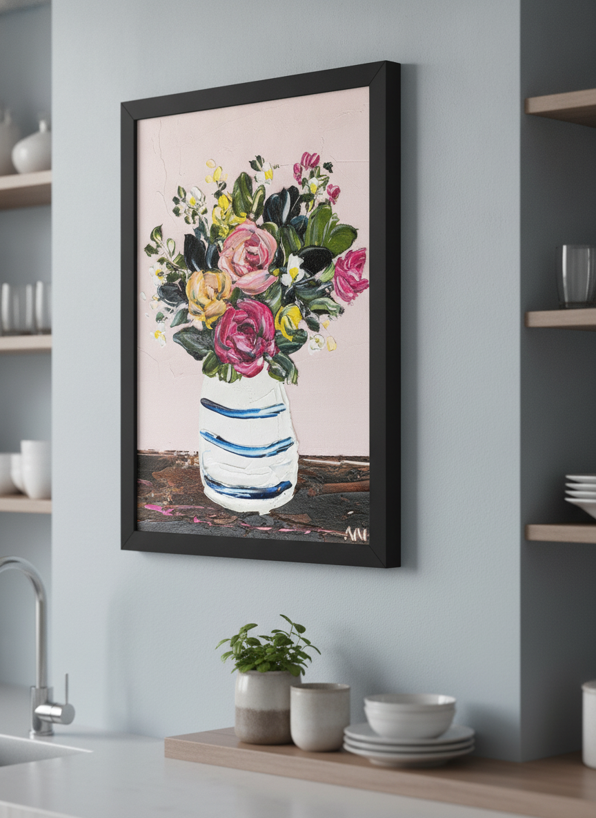 Artwork styled on the wall of a bright modern kitchen