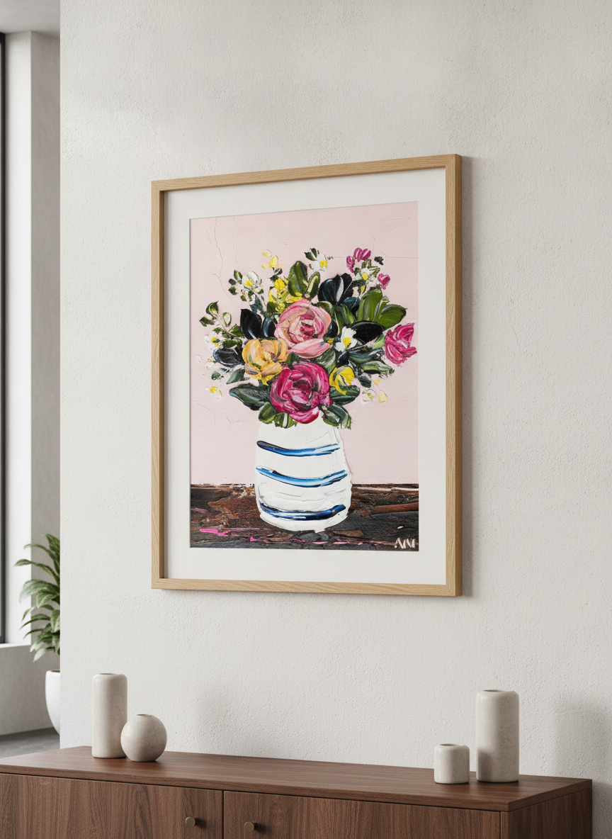 Modern wall art styled above a sofa in a neutral living room