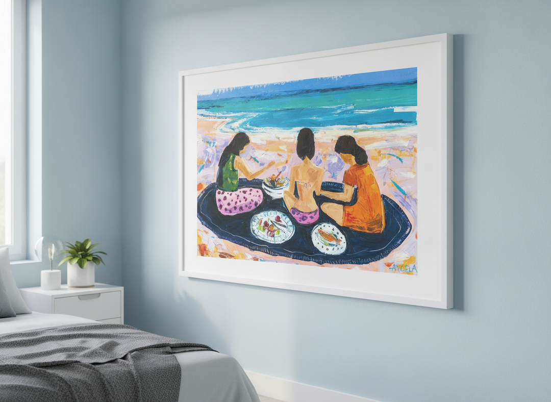 Minimalist artwork displayed in a calm, light-filled bedroom interior