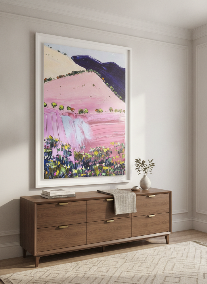 Monumental artwork centred on a feature wall in a luxe interior