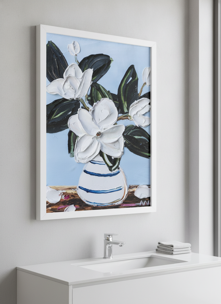 Modern print displayed in a clean minimalist bathroom setting