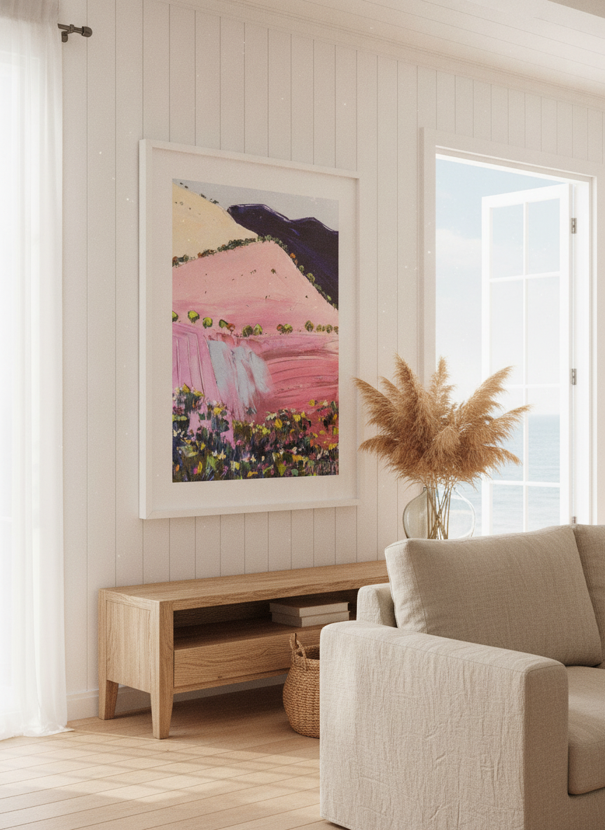 Neutral wall art displayed in a sunny coastal beach house