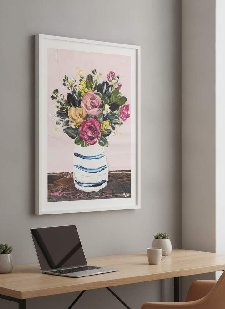 Contemporary wall art featured in a bright modern office workspace