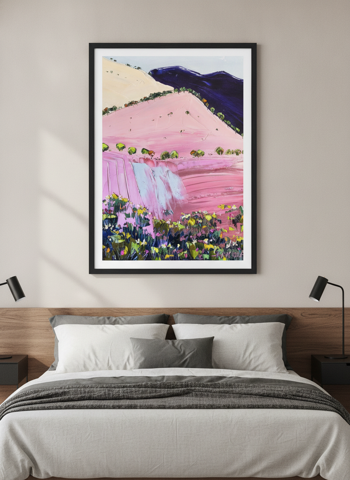 Minimalist artwork displayed in a calm, light-filled bedroom interior