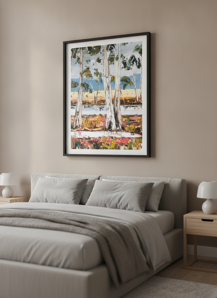 Minimalist artwork displayed in a calm, light-filled bedroom interior