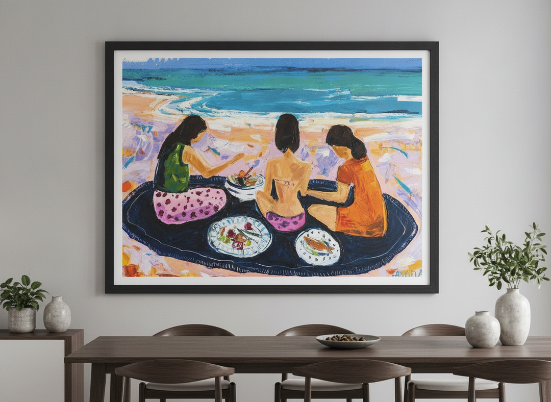 Wall art styled above a dining table in a contemporary home