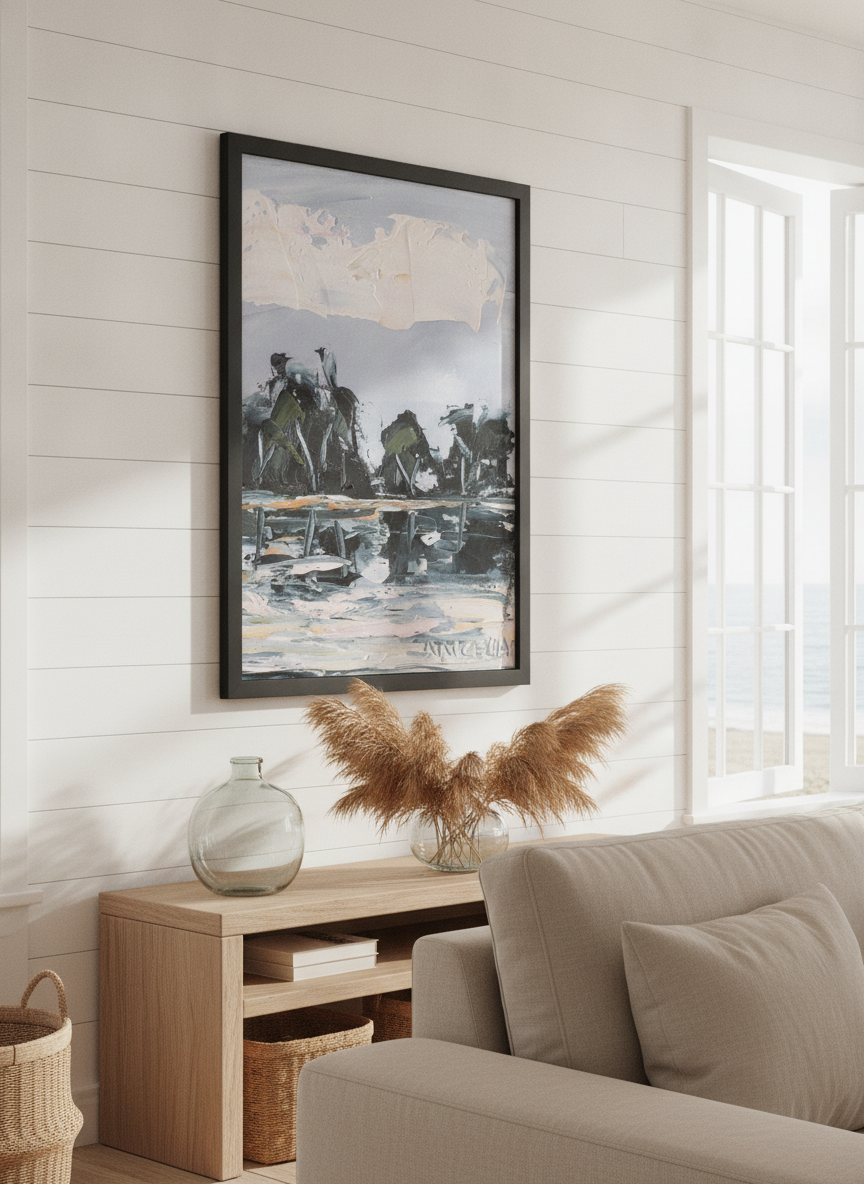 Neutral wall art displayed in a sunny coastal beach house
