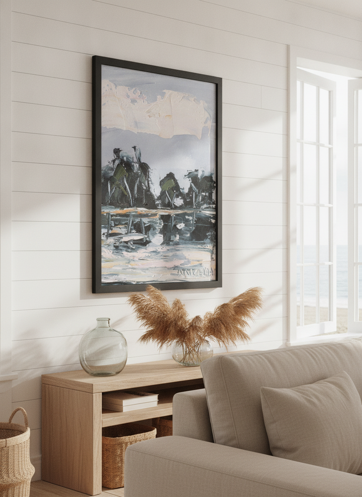 Neutral wall art displayed in a sunny coastal beach house