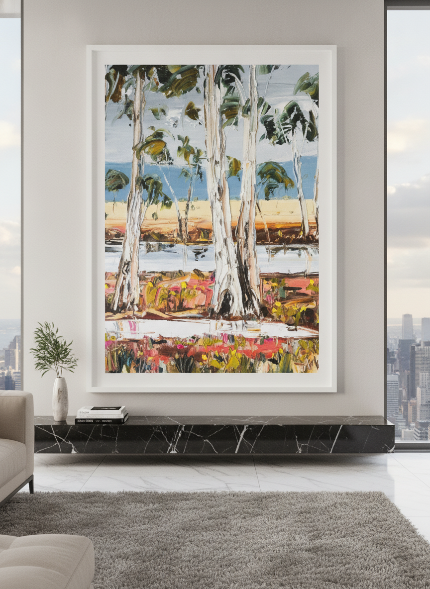 Monumental artwork centred on a feature wall in a luxe interior