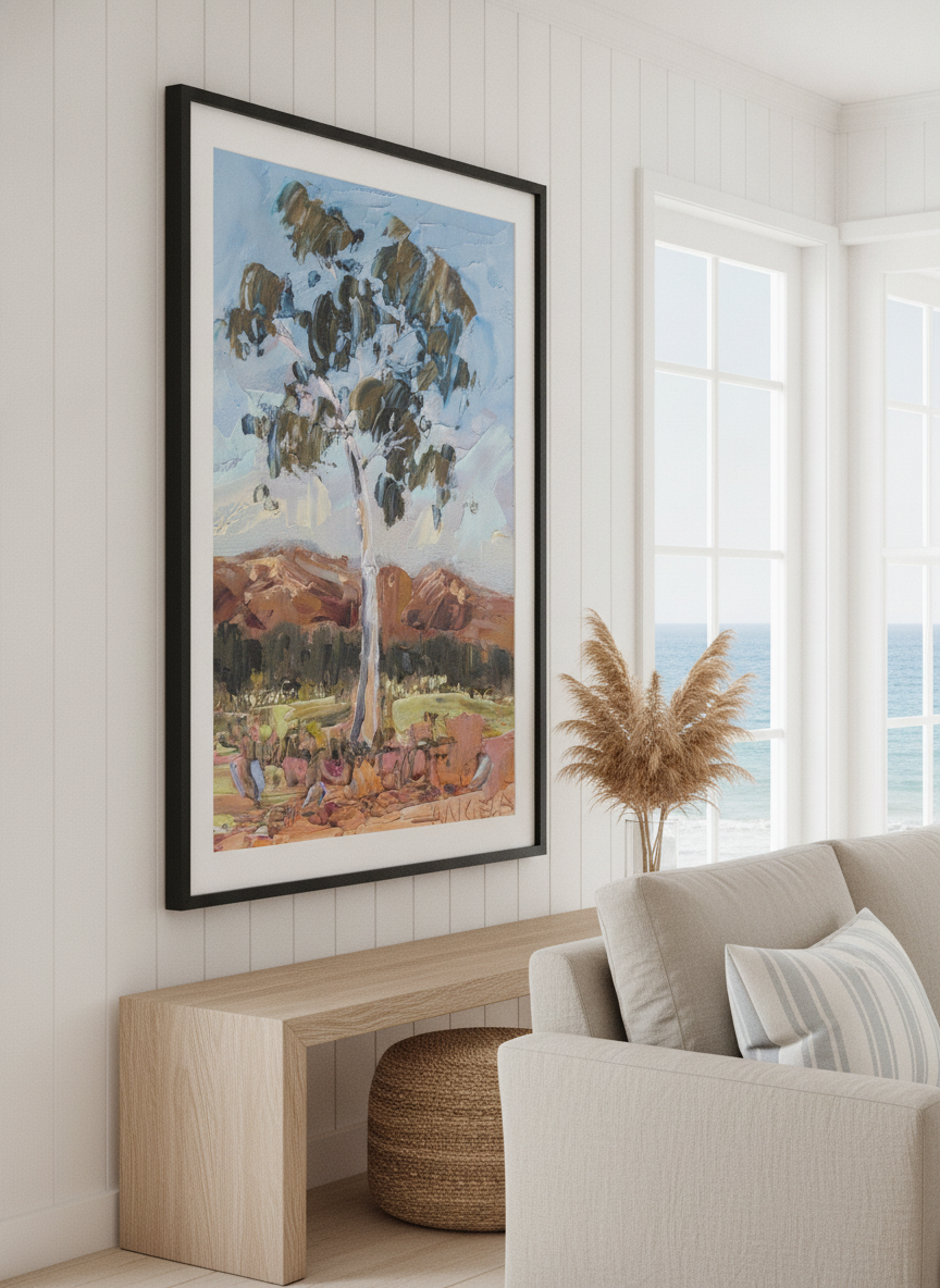 Neutral wall art displayed in a sunny coastal beach house